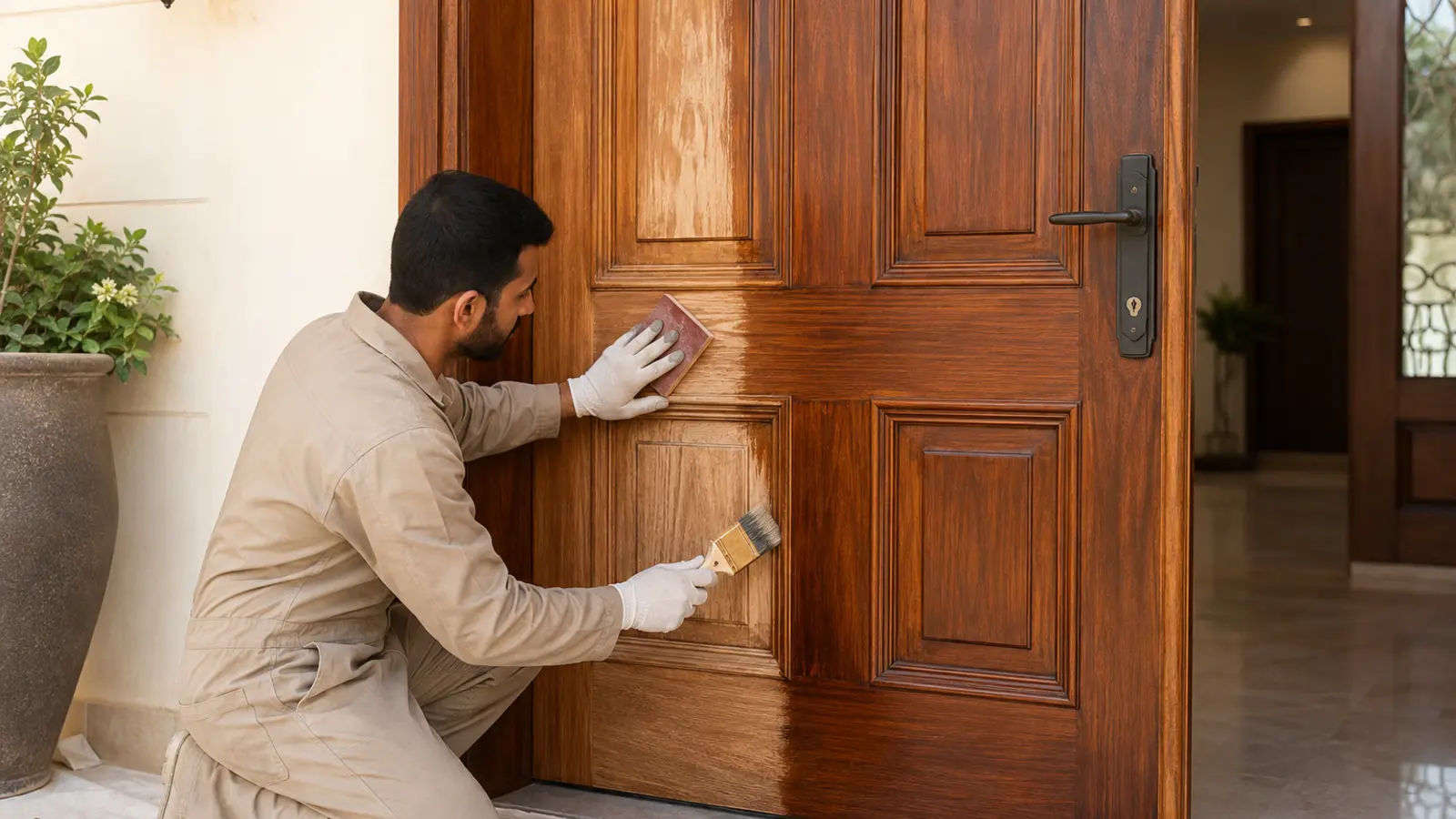 مراحل معالجة الصدأ ودهان باب حديد في مدخل فيلا بمكة